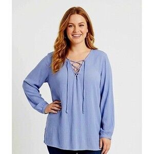 LAGACI Womens Peasant Top XL Blue V-Neck Tunic Lace-Up Tie Gauzy Hippie 60's
